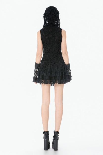 Hooded Punk Top with Ripped Mesh and Eyelets