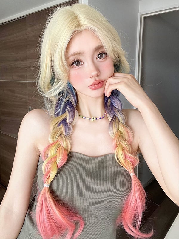 Rainbow Color Long Wavy Synthetic Wig With Curtain Bangs