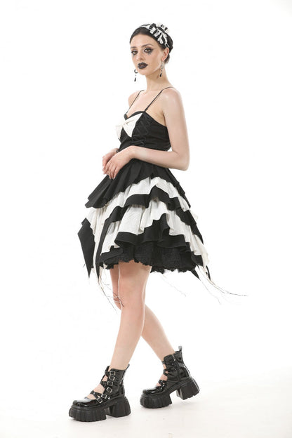Monochrome Sleeveless Multi-Layered Ruffled Bow Slip Dress