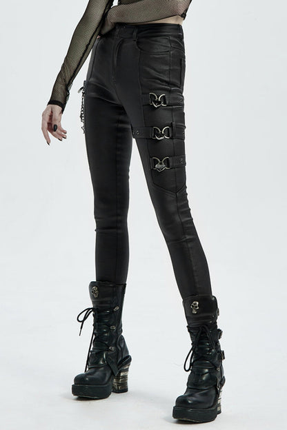 Women's Steampunk Pants with Metal Love Lock Buckles in Black Faux Leather