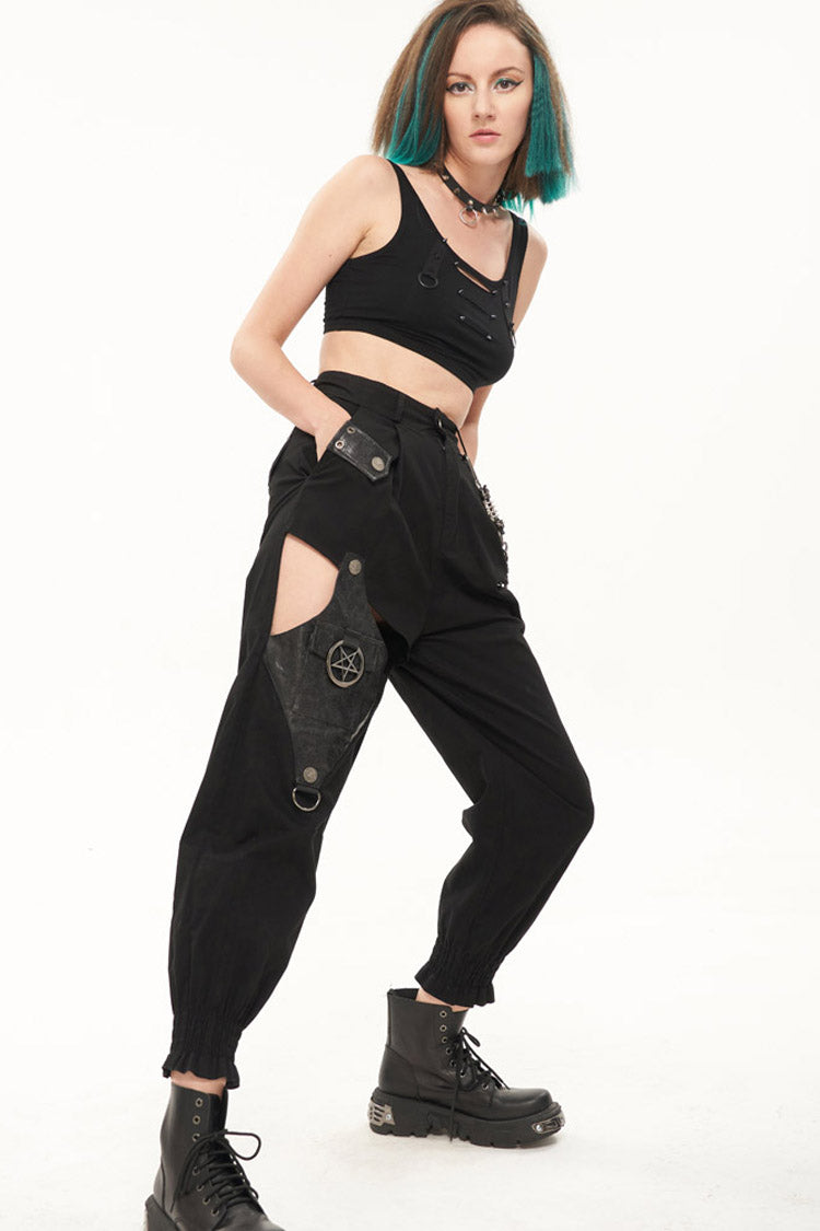 Womens Long Pants with Chain Accents and Leather Trim