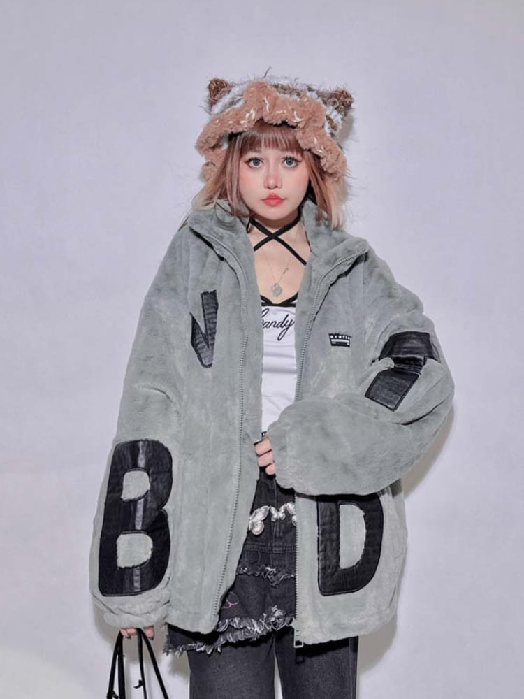 Gray Appliques Baggy Long Sleeves Plush Coat