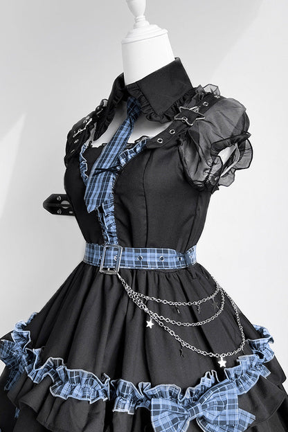 Black Dark Night Starlight Chain Ruffle Bow Lace Buckle Gothic College Lolita Dress Set