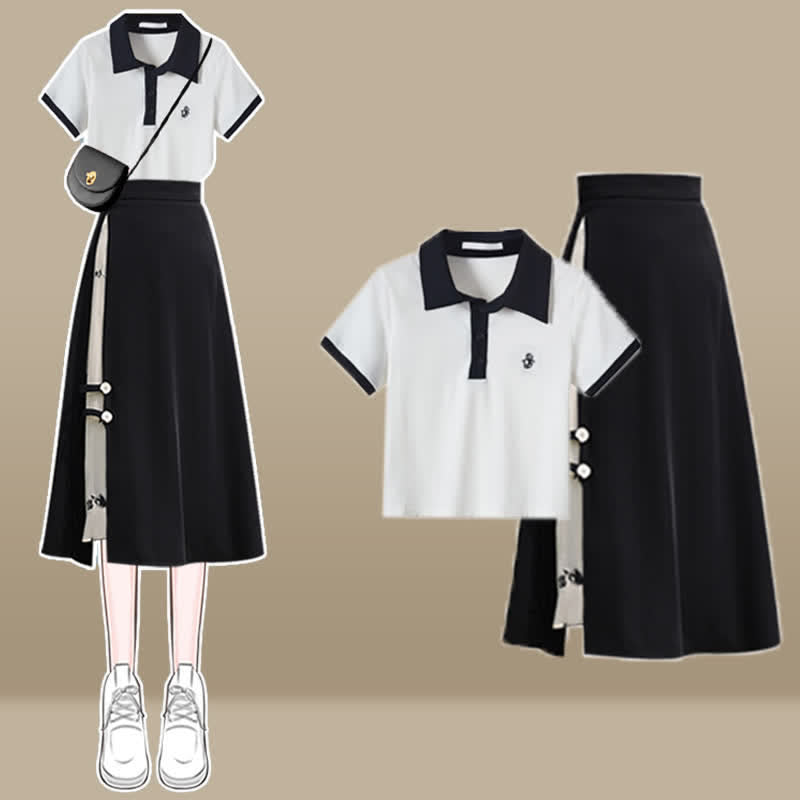 Blossom Skirt T-Shirt Print Split Polo Set