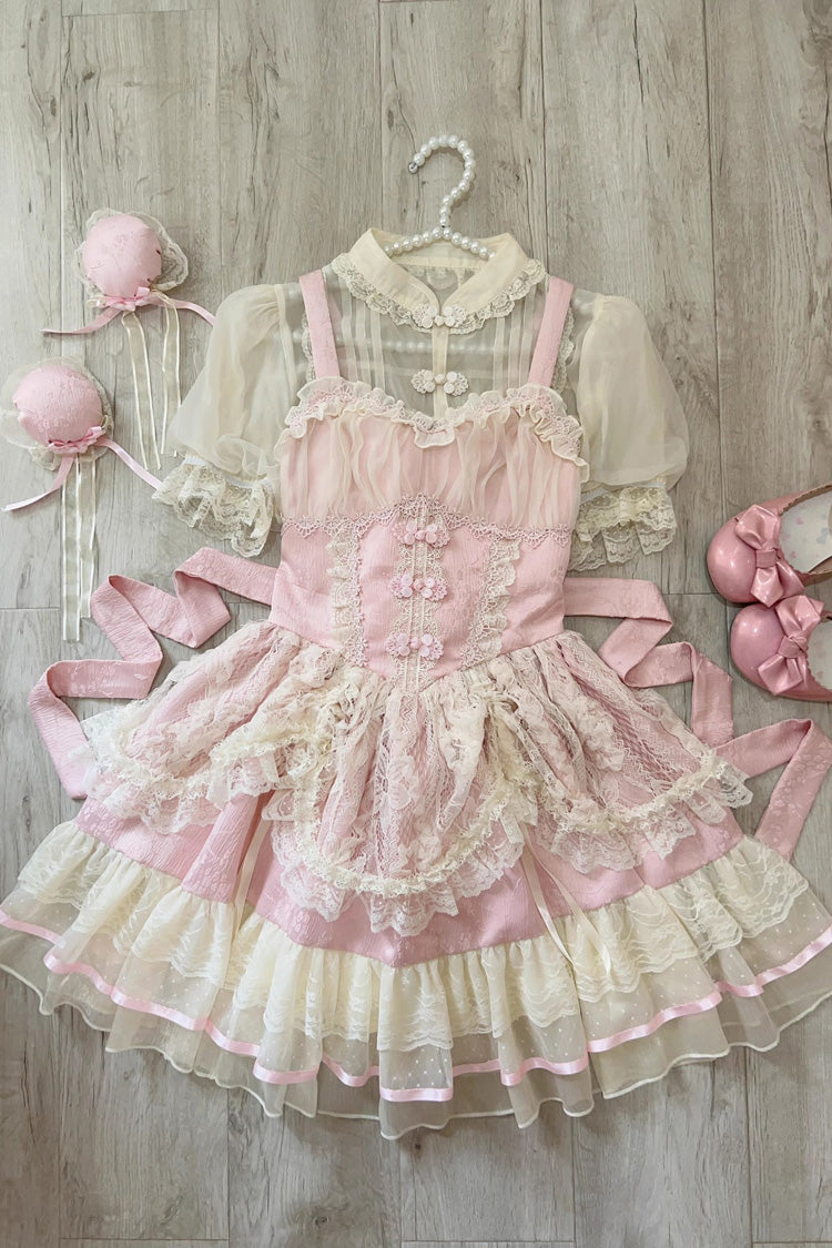 Flower Bud Halterneck Print Ruffle Lace Jsk - Chinese Ballet Lolita