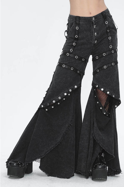 Flared Punk Pants with Ruffled Hem and Eyelet Details