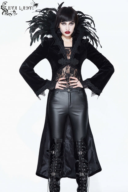 Gothic Tailcoat for Women with Feathered Collar Long Sleeves and Bowknot