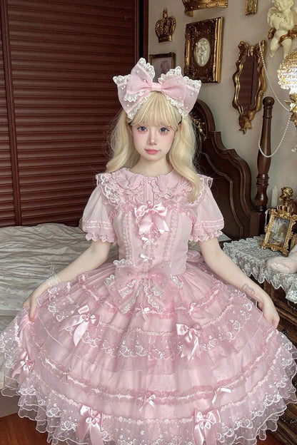 Pink Multi-Tier Ruffle Bridal Bow Lace Sweet Lolita Jumper - Lotus Butterfly Heart