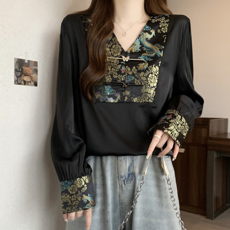 Vintage Dragon Buckle Long Sleeve V-neck Shirt