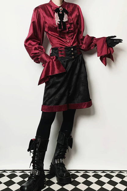 Moonlit Return Jacquard Ouji Lolita Set with Lace-Up - Noir