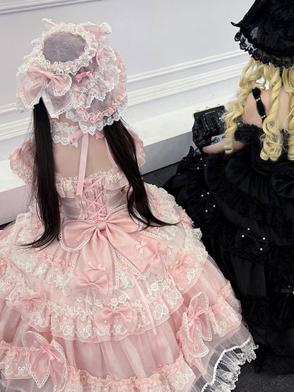 Pink / Black Bows Decorated Organza Hat