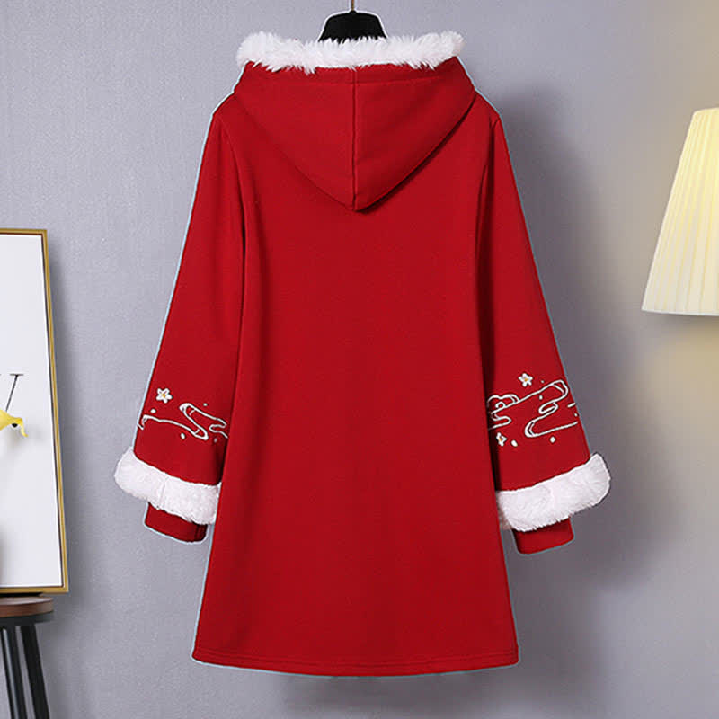 Delicate Flower Embroidery Buckle Plush Hooded Sweatshirt Dress