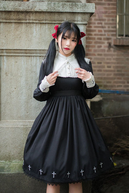 Black Gothic Lolita OP Dress with Cross and Punk High-Waist Style