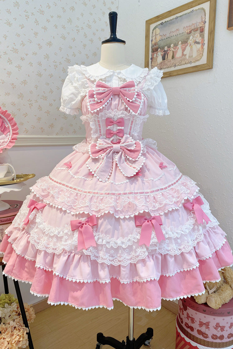Pink Fondant Cake Sleeveless Multi-Layer Ruffle Bow Lace Sweet JSK Dress