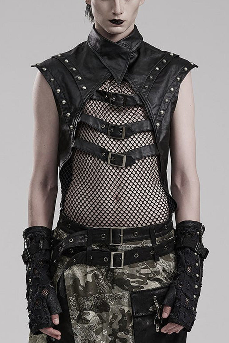 Steampunk Men's Vest with Faux Leather Stitching Mesh Sheer and Metal Rivets