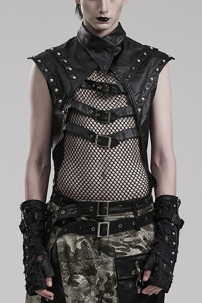 Steampunk Men's Vest with Faux Leather Stitching Mesh Sheer and Metal Rivets
