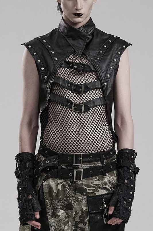 Steampunk Men's Vest with Faux Leather Stitching Mesh Sheer and Metal Rivets