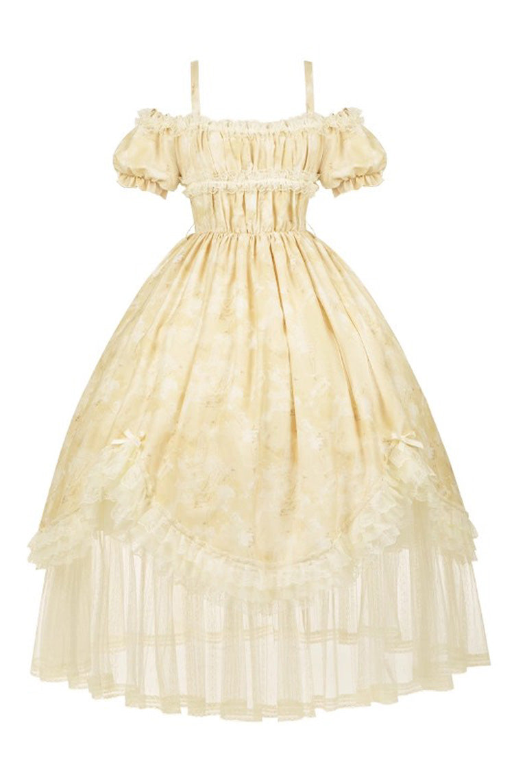 Golden Square-Collar Short-Sleeve Ruffled Lace Long Gown