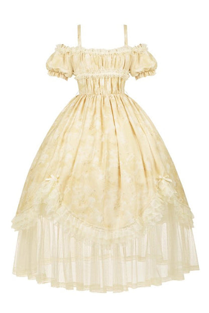Golden Square-Collar Short-Sleeve Ruffled Lace Long Gown