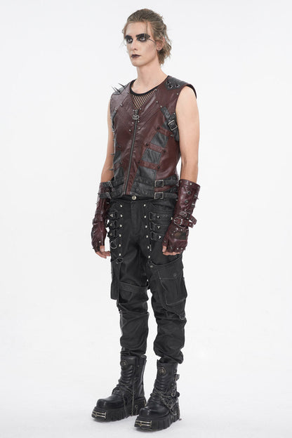 Crimson Studded Faux Leather Men's Punk Vest