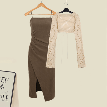 Split Shirt Dress Slip Ruffled Hollow Out Crochet