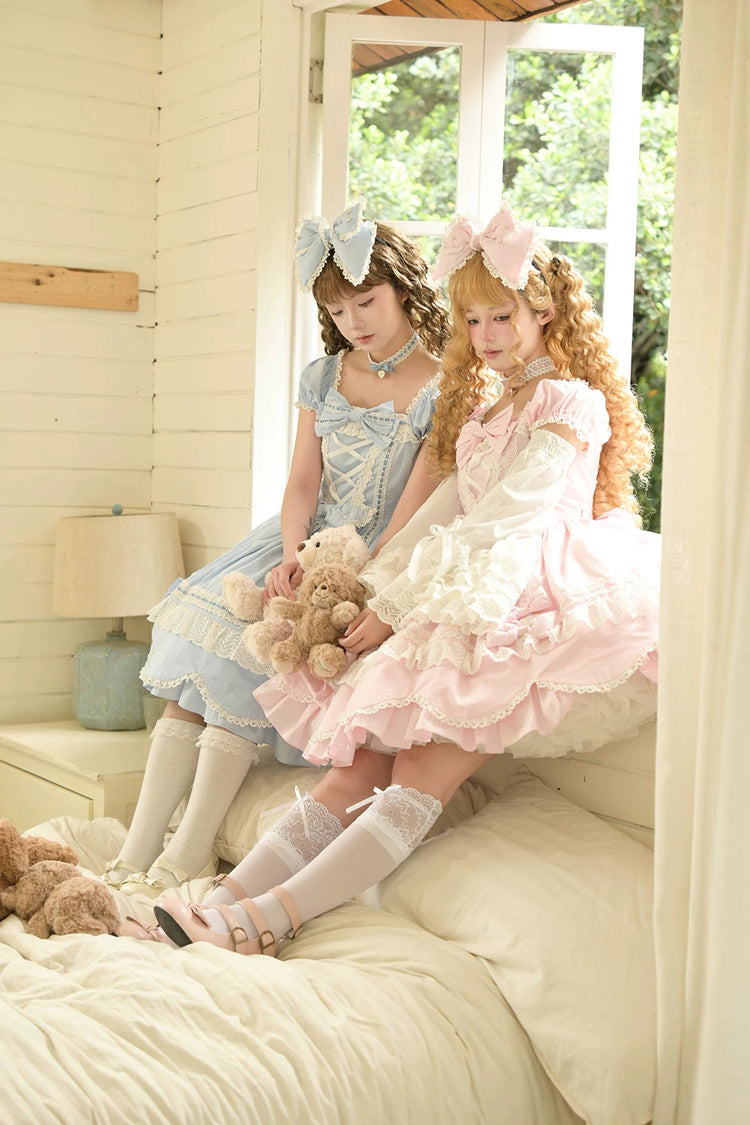 Square-Neck Cotton Dress with Double Ruffle Lace and Lacing