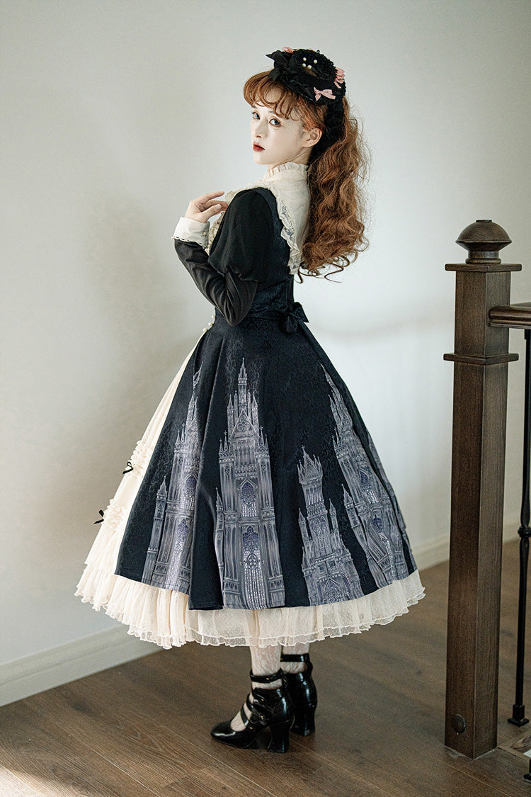 Black White Bell Print Ruffle Bow Lolita Dress