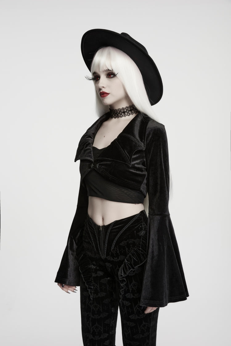 Gothic Short Jacket for Her with Velvet Bat Wing Collar and Flare Sleeves