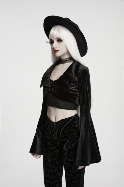 Gothic Short Jacket for Her with Velvet Bat Wing Collar and Flare Sleeves
