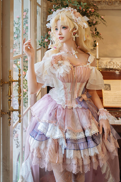 Pink Purple Rose Memoirs Sleeveless Multi-Layer Bow Lace Sweet Lolita Skirt Set