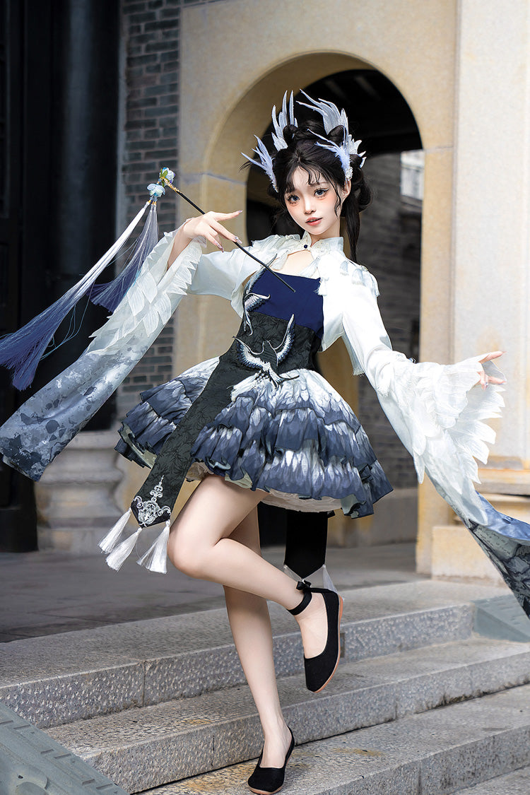 Dark Blue Feathered Finch Multi-Layer Print Ruffle Classic Chinese Style JSK Dress Set