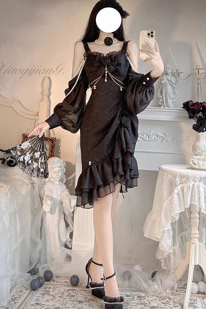 Camellia Rose Asymmetric Ruffled Gothic Chinese Elegant Lolita JSK Dress in Three Colors