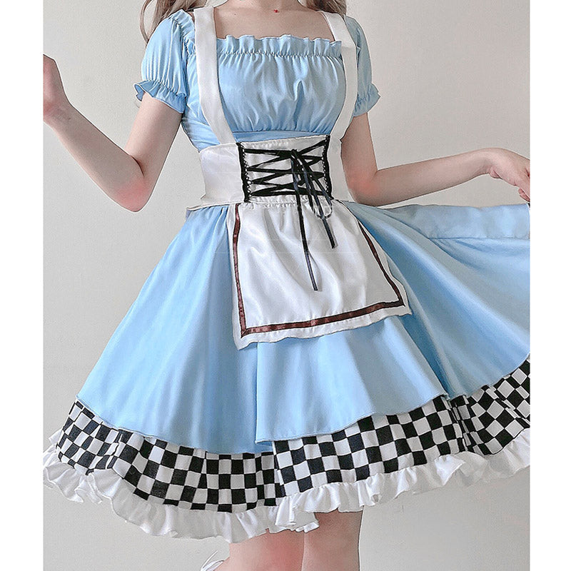 Blaues Lolita-Kleid mit Gittermuster und Rüschen und Schnürung