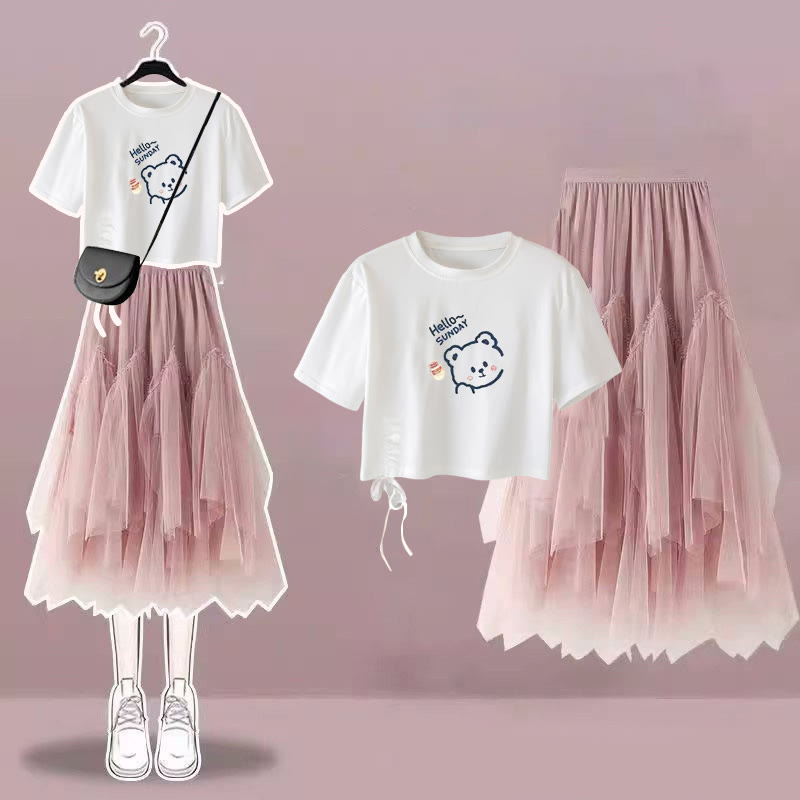 Drawstring Print Loose T-Shirt Tulle Skirt