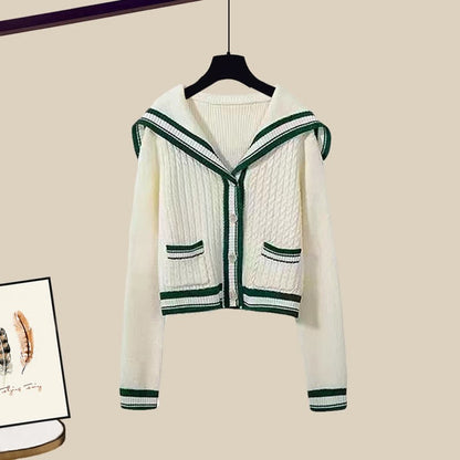 Collar Casual Set Sweater Two Cable Pants Pieces Sailor Pleated