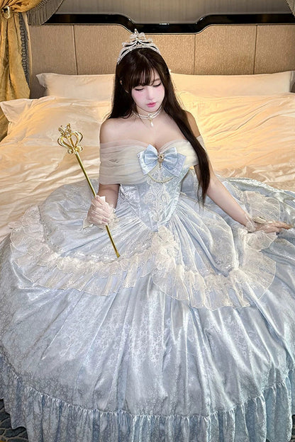 Sleeveless Pearl-Trimmed Hanayome Dress with Ruffles and Bow