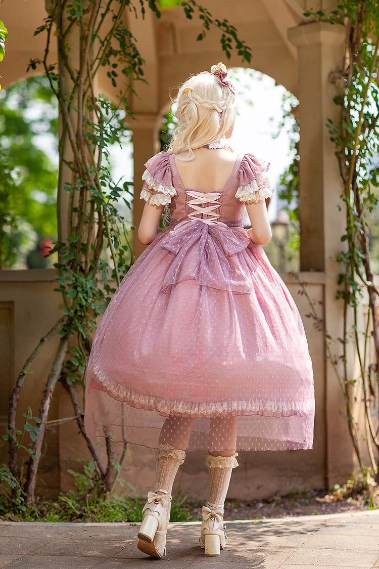 Rose Moon Goddess Mediana Polka Dot Print Ruffle Bow Asymmetrical Elegant Lolita Gown