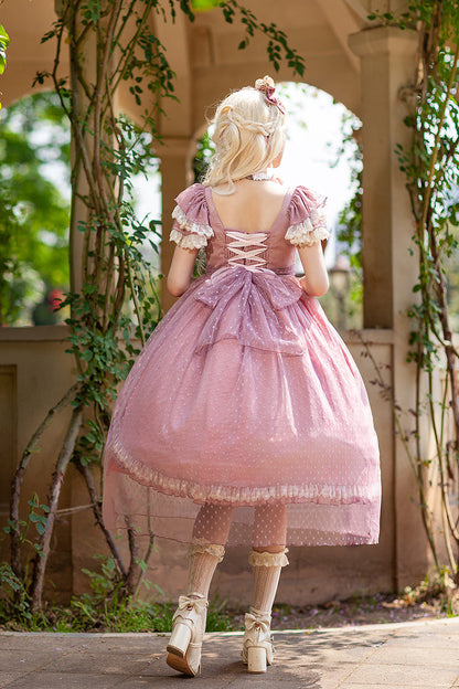 Rose Moon Goddess Mediana Polka Dot Print Ruffle Bow Asymmetrical Elegant Lolita Gown