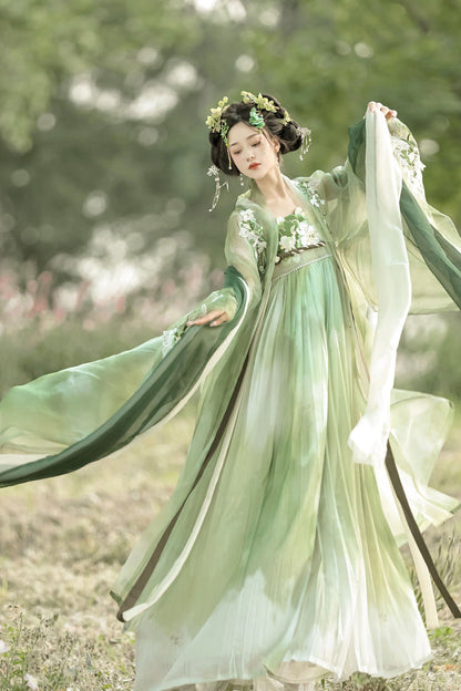 Emerald Qingyao Butterfly Flowers Embroidery Chinese Hanfu Full Set