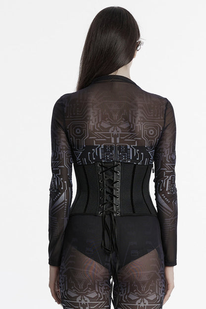 Lace-Up Mesh Punk Underbust Corset in Black Faux Leather for Women