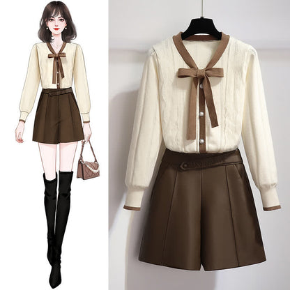 Elegant Bowknot Shorts Elastic Cardigan Sweater Waist