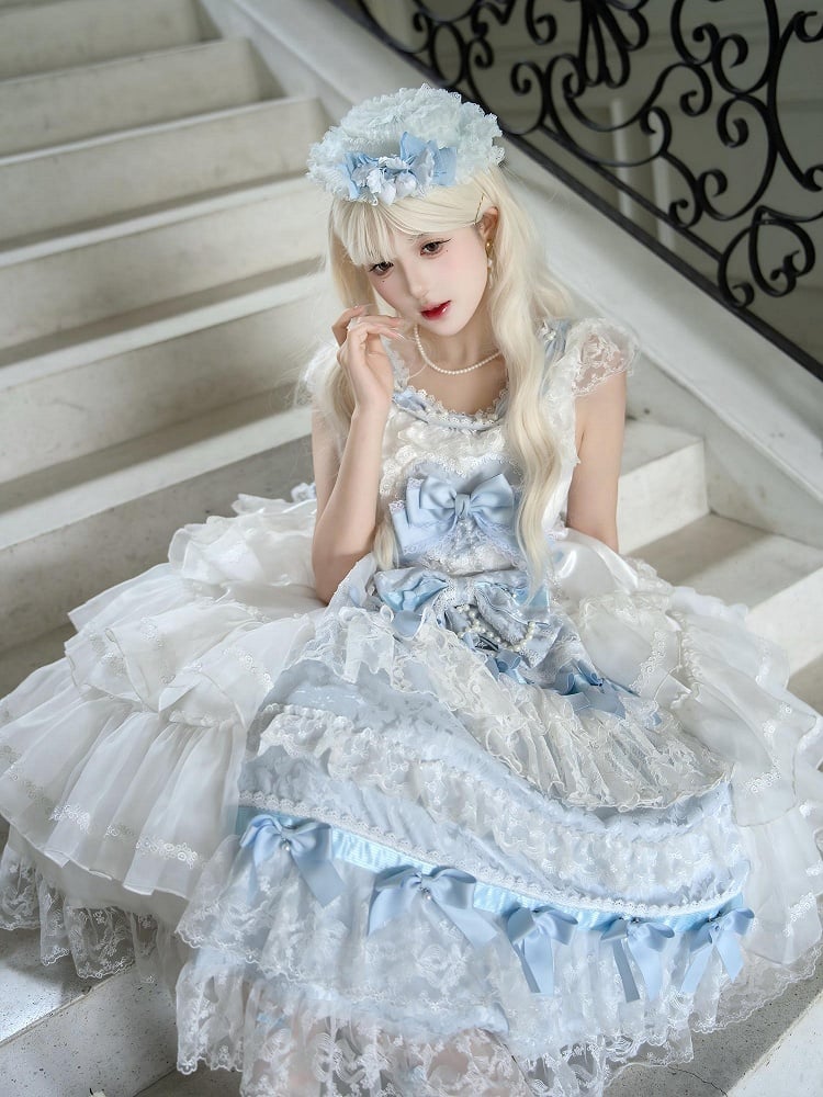 White and Blue Hanayome Bows Decoration Tiered Skirt Hime Dress Lolita JSK Full Set
