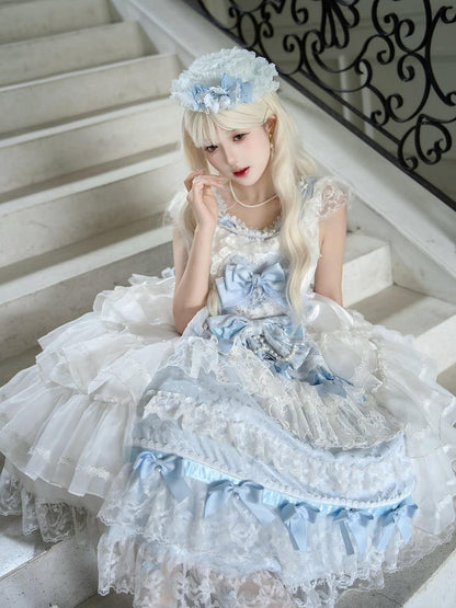 White and Blue Hanayome Bows Decoration Tiered Skirt Hime Dress Lolita JSK Full Set