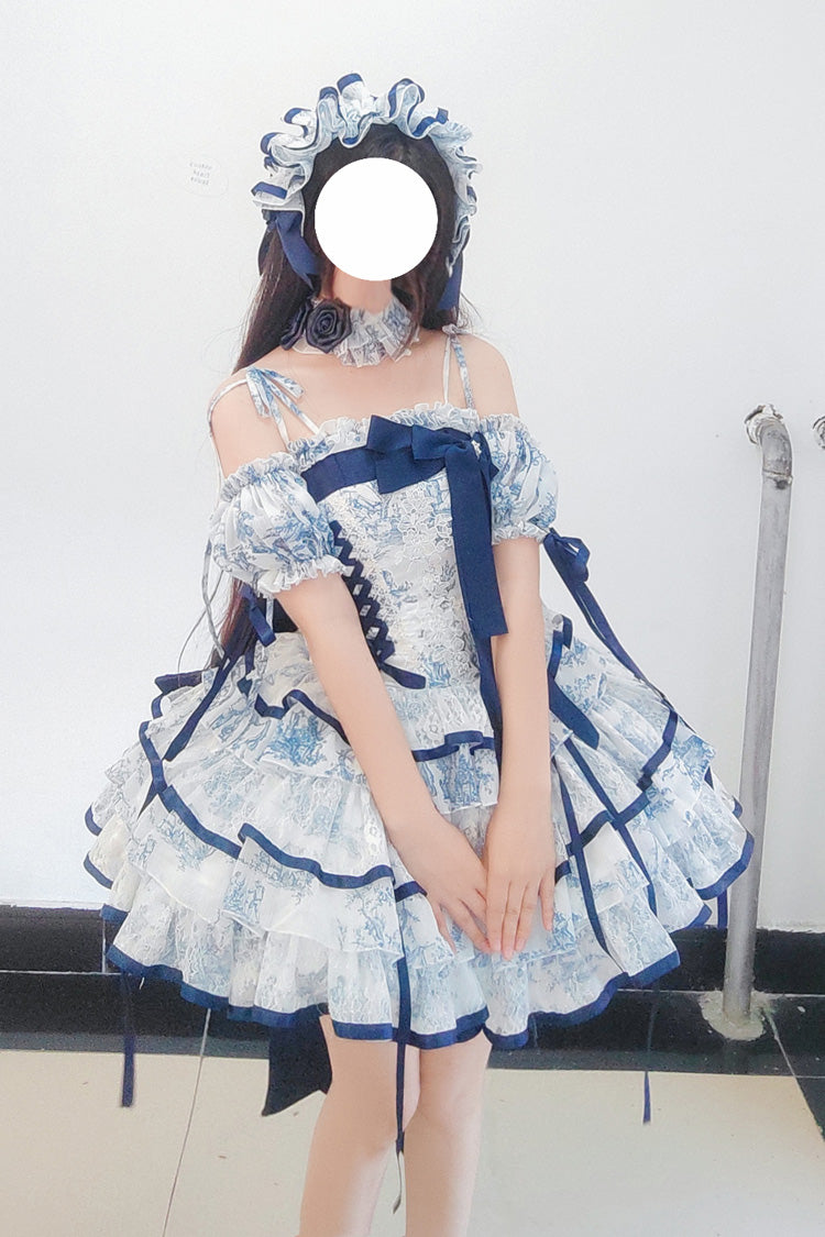 Blue White Sleeveless Multi-Layered Print Bowknot Fishbone Sweet Classic Chinese Style Lolita Jsk Short Dress