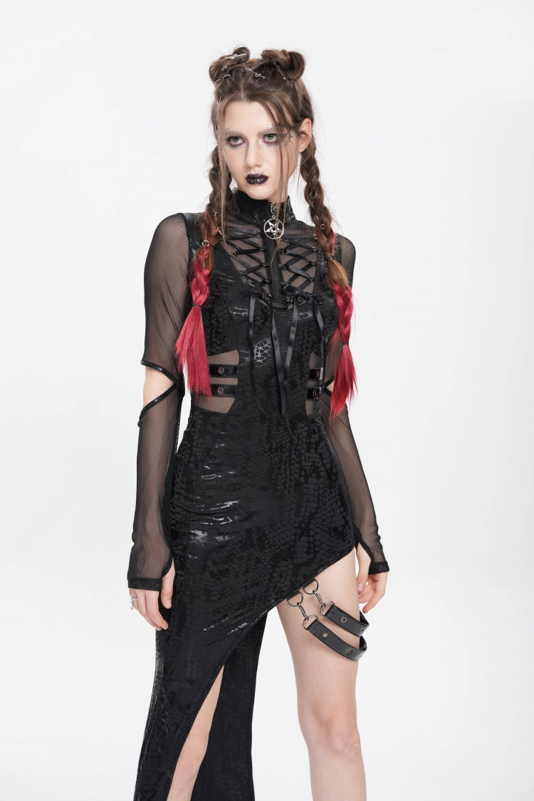 Stand Collar Long Sleeve Stitching Lace-Up Mesh Punk Dress