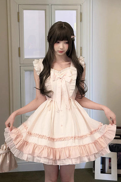 Pink Spring Timeline Double Layer Ruffle Bow Lace Up Sweet Princess Lolita Dress