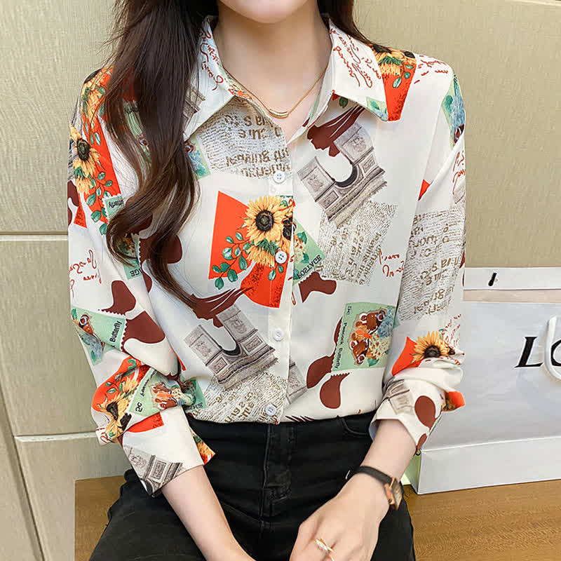 Chic Floral Letter Print Chiffon Shirt Workwear