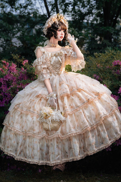 Rose Letter Off Shoulder Triple Layer Print Ruffle Hanayome Princess Lolita in Yellow