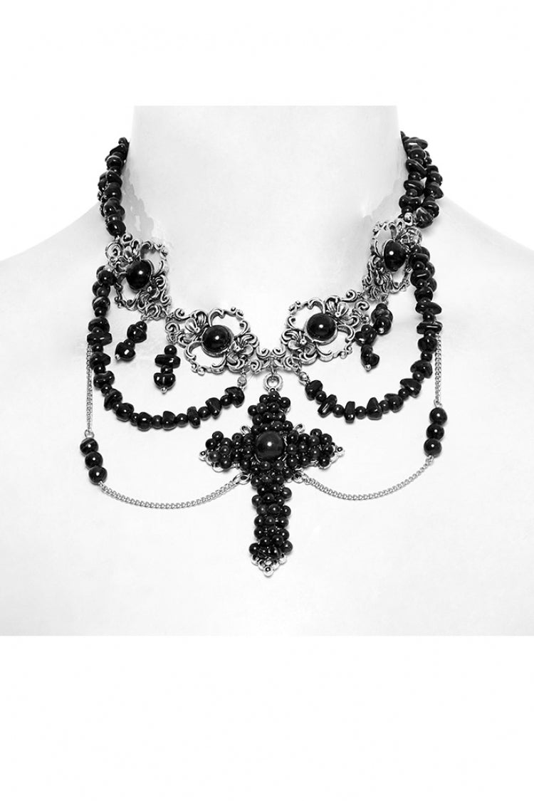 Beaded Cross Black Asymmetric Punk Necklace Women's