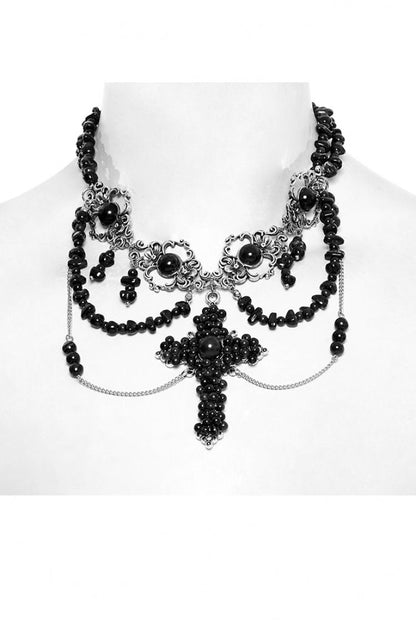 Beaded Cross Black Asymmetric Punk Necklace Women's